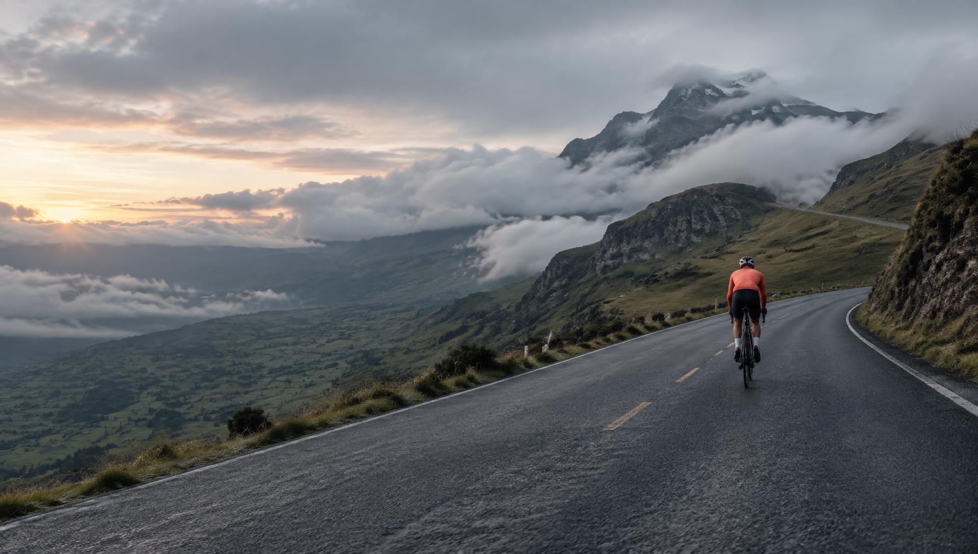 Ciclista ascendiendo por una carretera de montaña en los Andes